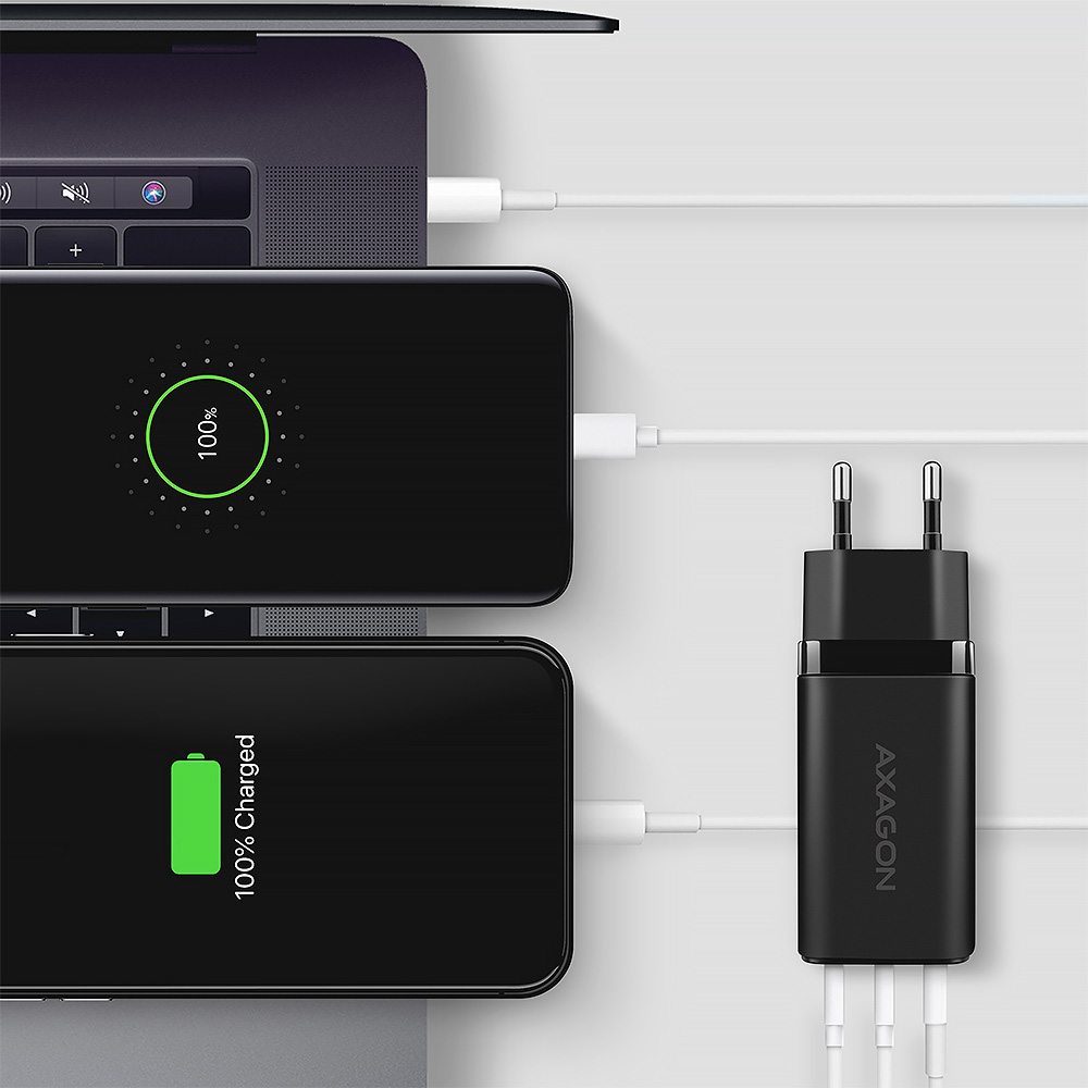 Зарядное устройство AXAGON 1xUSB-A, 2xUSB-C 65W QC4.0+PD3.0 PPS Black