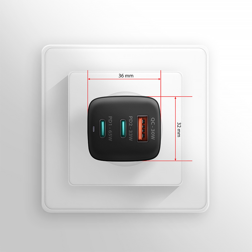 Зарядное устройство AXAGON 1xUSB-A, 2xUSB-C 65W QC4.0+PD3.0 PPS Black
