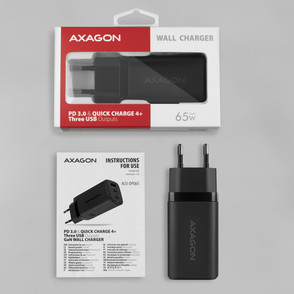 Зарядное устройство AXAGON 1xUSB-A, 2xUSB-C 65W QC4.0+PD3.0 PPS Black
