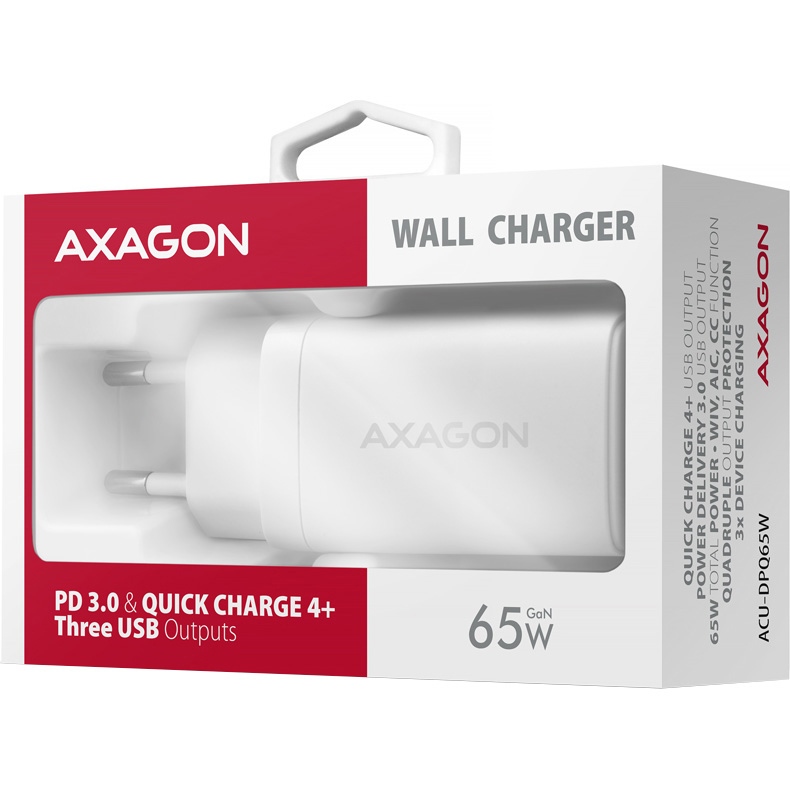 Зарядное устройство AXAGON 1xUSB-A, 2xUSB-C 65W QC4.0+PD3.0 PPS White