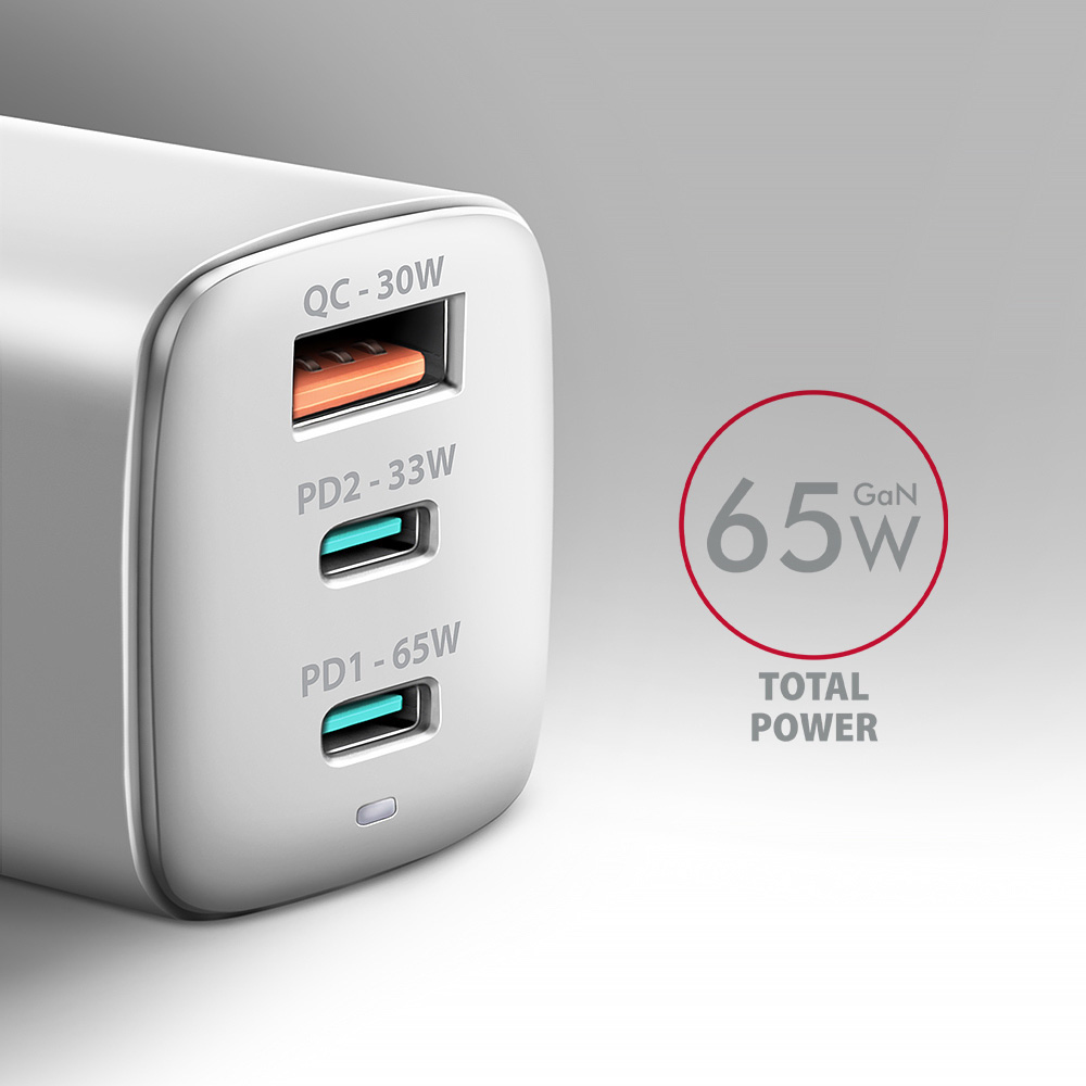 Зарядное устройство AXAGON 1xUSB-A, 2xUSB-C 65W QC4.0+PD3.0 PPS White