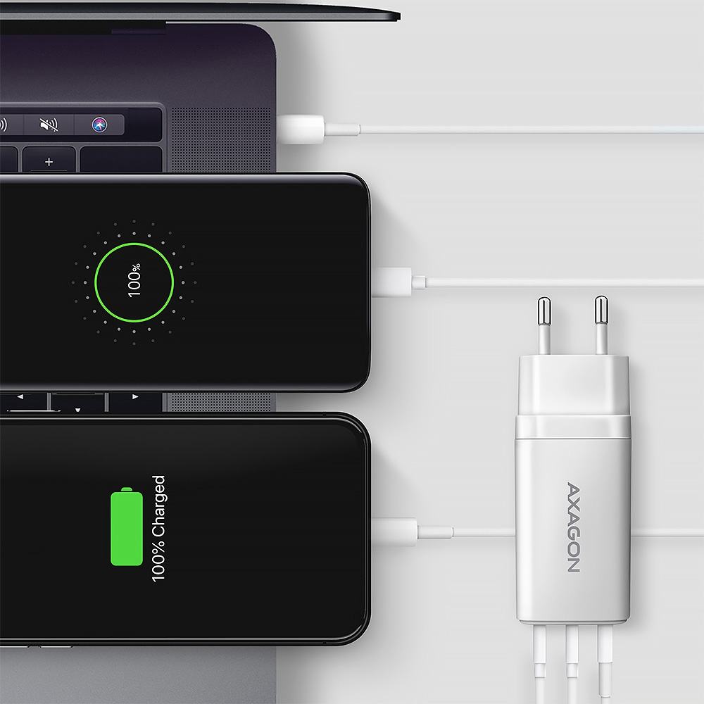Зарядное устройство AXAGON 1xUSB-A, 2xUSB-C 65W QC4.0+PD3.0 PPS White