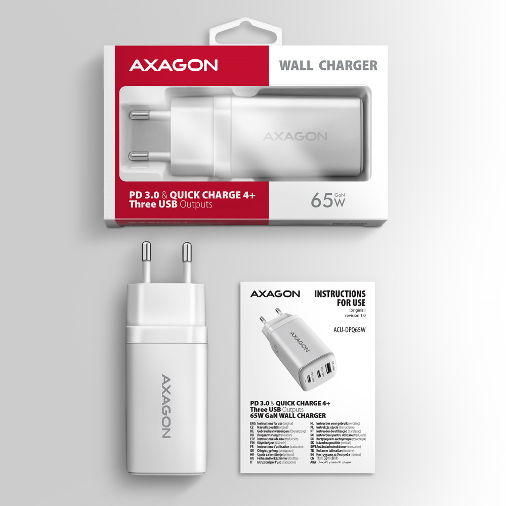 Зарядное устройство AXAGON 1xUSB-A, 2xUSB-C 65W QC4.0+PD3.0 PPS White