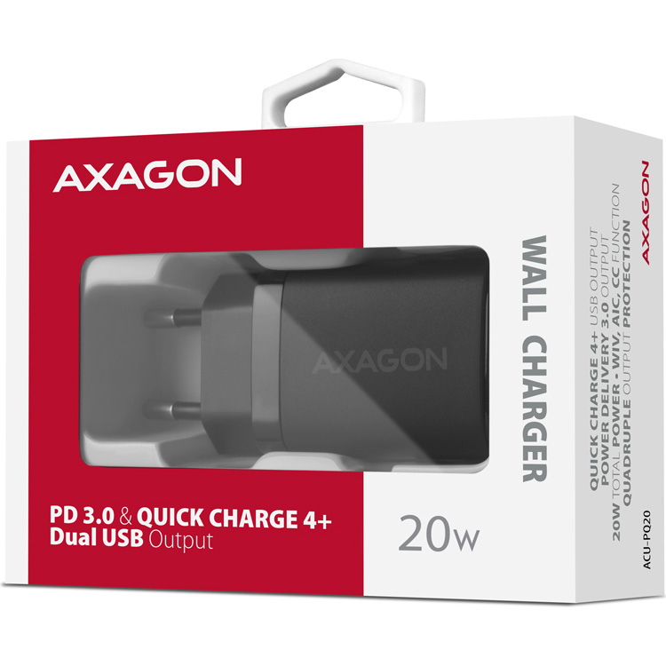 Зарядное устройство AXAGON 1xUSB QC3.0, 1xUSB-C PD20W Black
