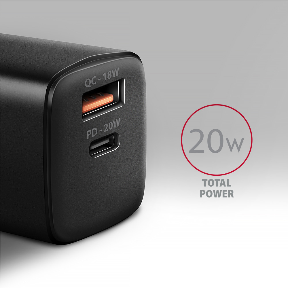 Зарядное устройство AXAGON 1xUSB QC3.0, 1xUSB-C PD20W Black