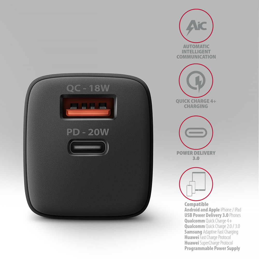 Зарядное устройство AXAGON 1xUSB QC3.0, 1xUSB-C PD20W Black