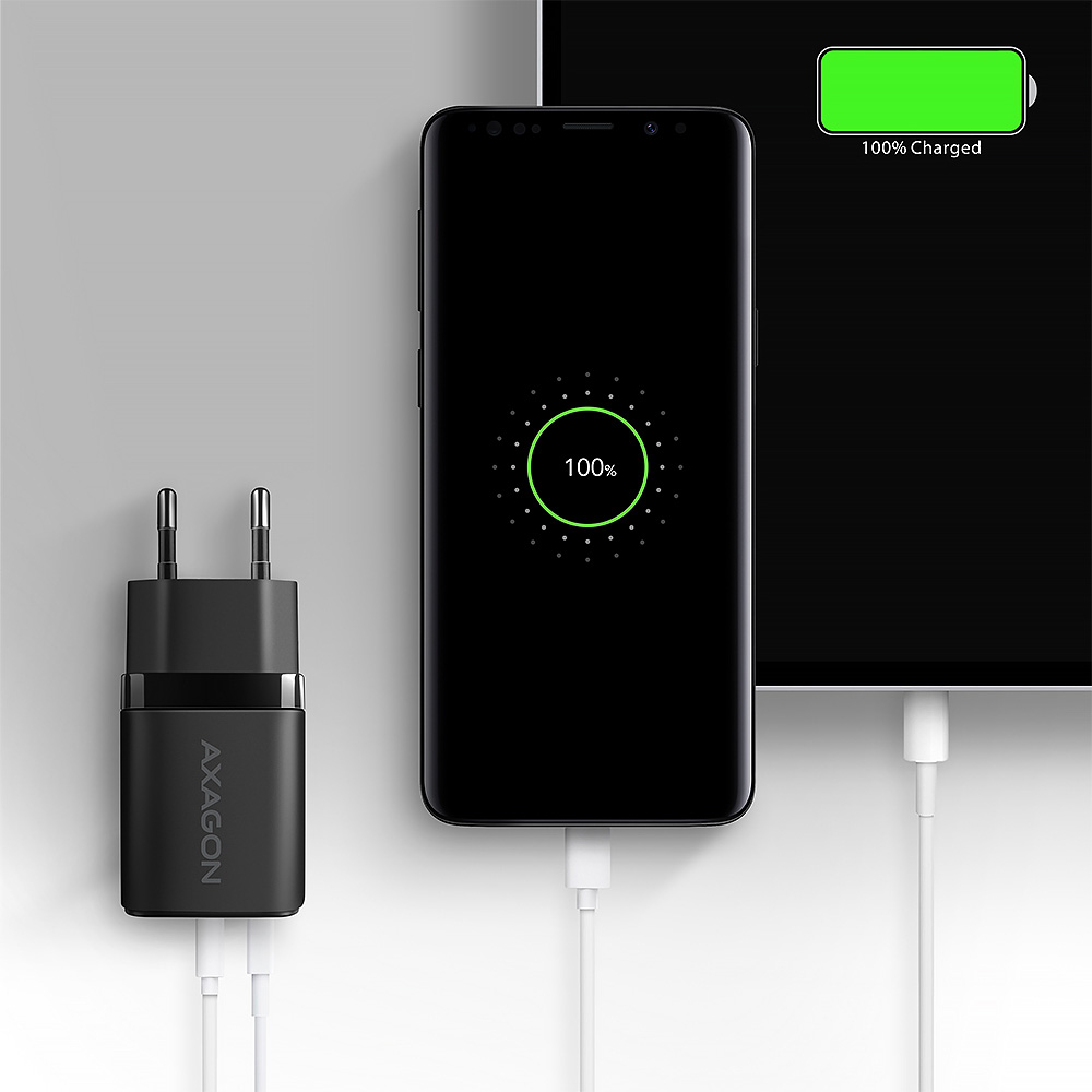 Зарядное устройство AXAGON 1xUSB QC3.0, 1xUSB-C PD20W Black