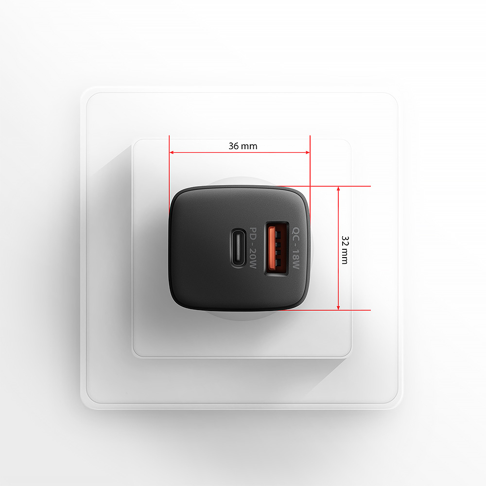 Зарядное устройство AXAGON 1xUSB QC3.0, 1xUSB-C PD20W Black