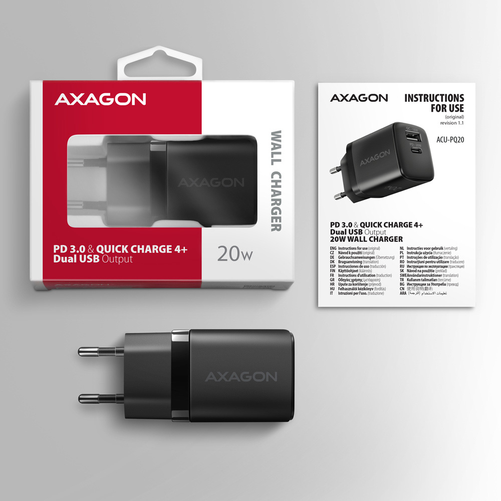 Зарядное устройство AXAGON 1xUSB QC3.0, 1xUSB-C PD20W Black