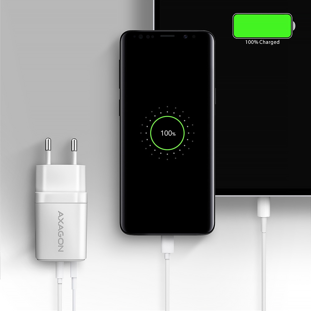 Зарядное устройство AXAGON 1xUSB QC3.0, 1xUSB-C PD20W White