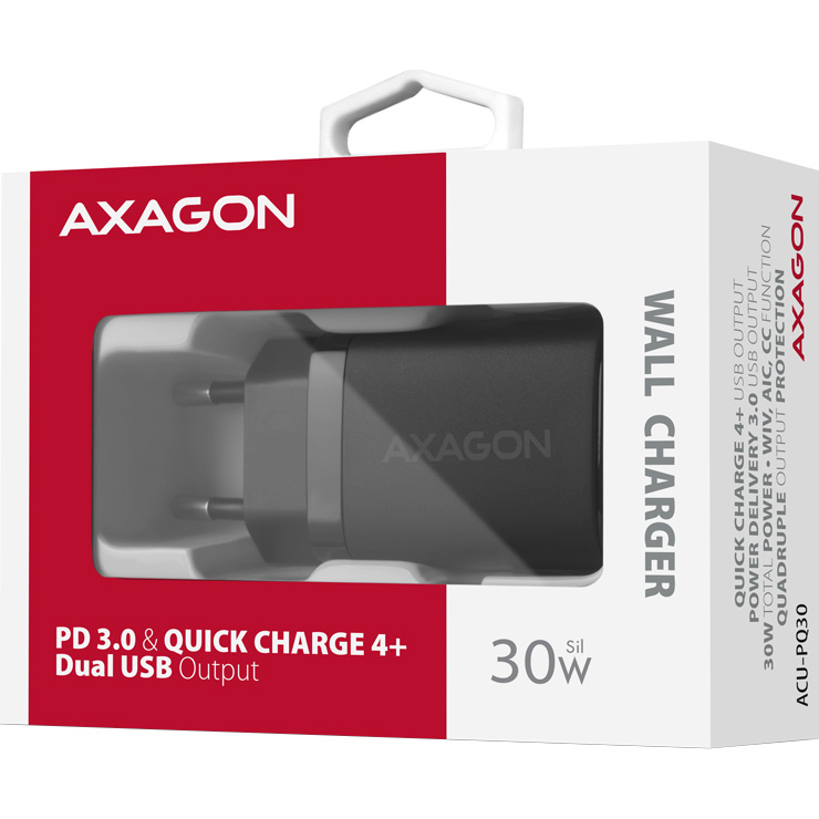 Зарядное устройство AXAGON 1xUSB-A QC4.0, 1xUSB-C PD30W PPS Black