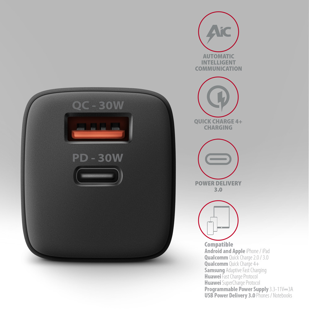 Зарядное устройство AXAGON 1xUSB-A QC4.0, 1xUSB-C PD30W PPS Black