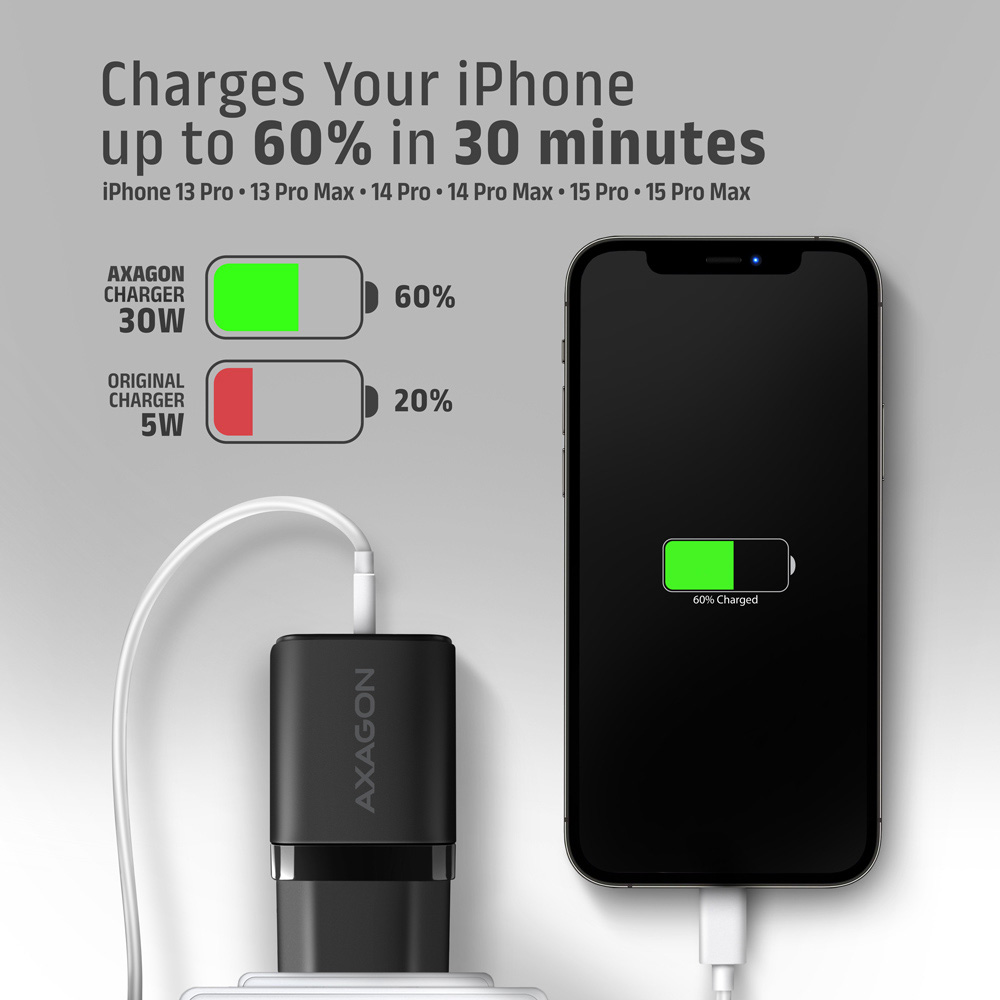 Зарядное устройство AXAGON 1xUSB-A QC4.0, 1xUSB-C PD30W PPS Black