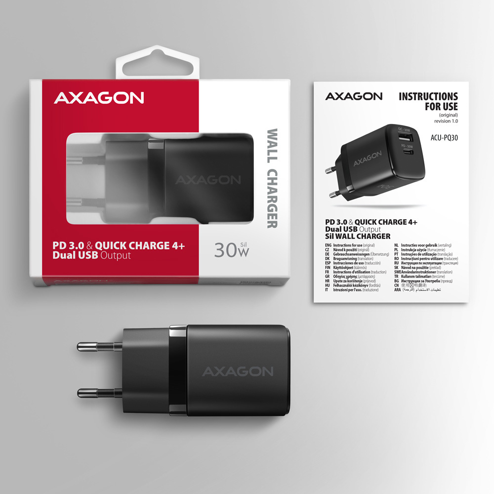 Зарядное устройство AXAGON 1xUSB-A QC4.0, 1xUSB-C PD30W PPS Black