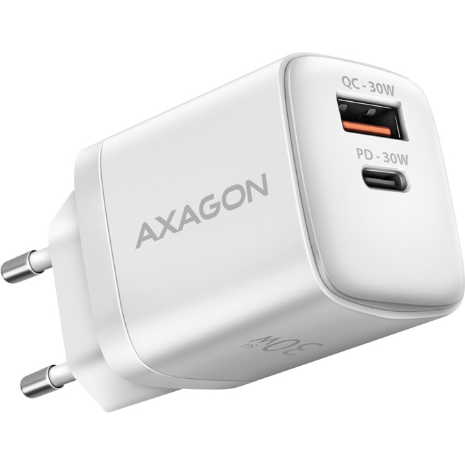 Зарядное устройство AXAGON 1xUSB-A QC4.0, 1xUSB-C PD30W PPS White