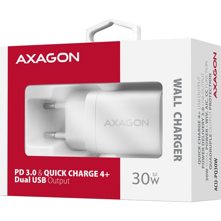 Зарядное устройство AXAGON 1xUSB-A QC4.0, 1xUSB-C PD30W PPS White