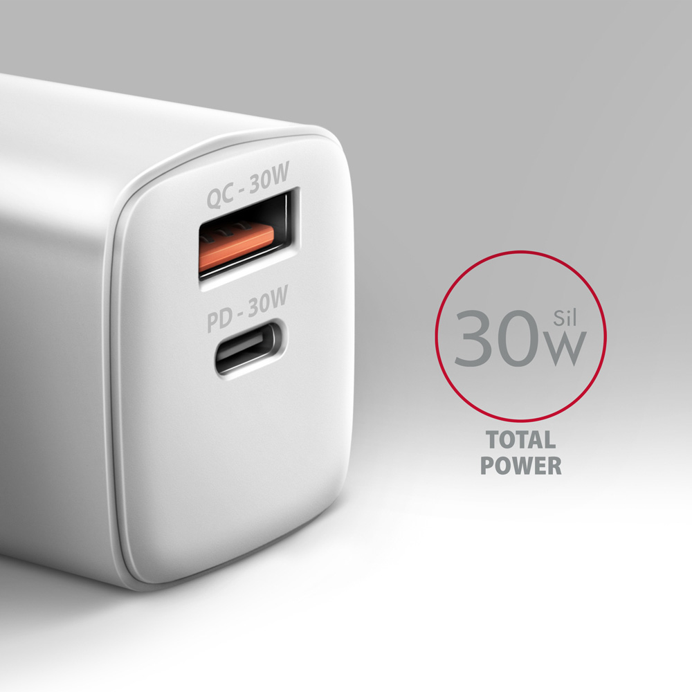 Зарядное устройство AXAGON 1xUSB-A QC4.0, 1xUSB-C PD30W PPS White