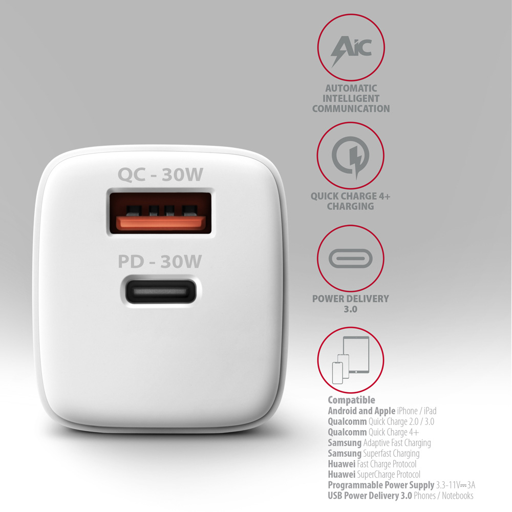Зарядное устройство AXAGON 1xUSB-A QC4.0, 1xUSB-C PD30W PPS White