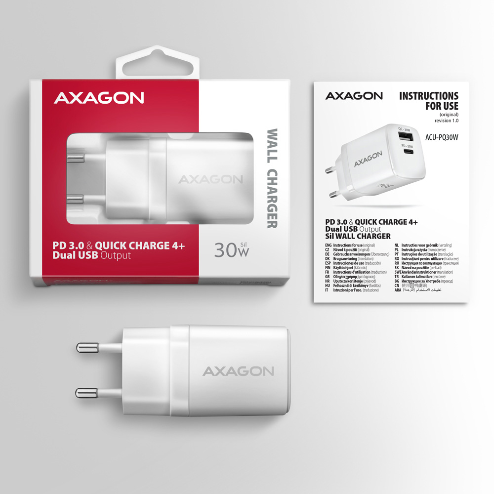 Зарядное устройство AXAGON 1xUSB-A QC4.0, 1xUSB-C PD30W PPS White