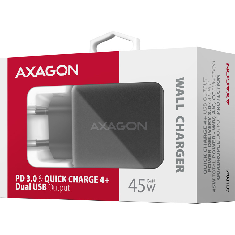 Зарядное устройство AXAGON 1xUSB-A QC4.0, 1xUSB-C PD45W PPS Black