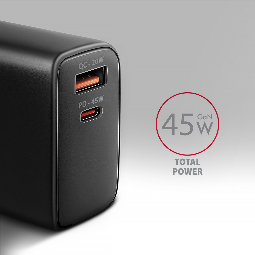 Зарядное устройство AXAGON 1xUSB-A QC4.0, 1xUSB-C PD45W PPS Black