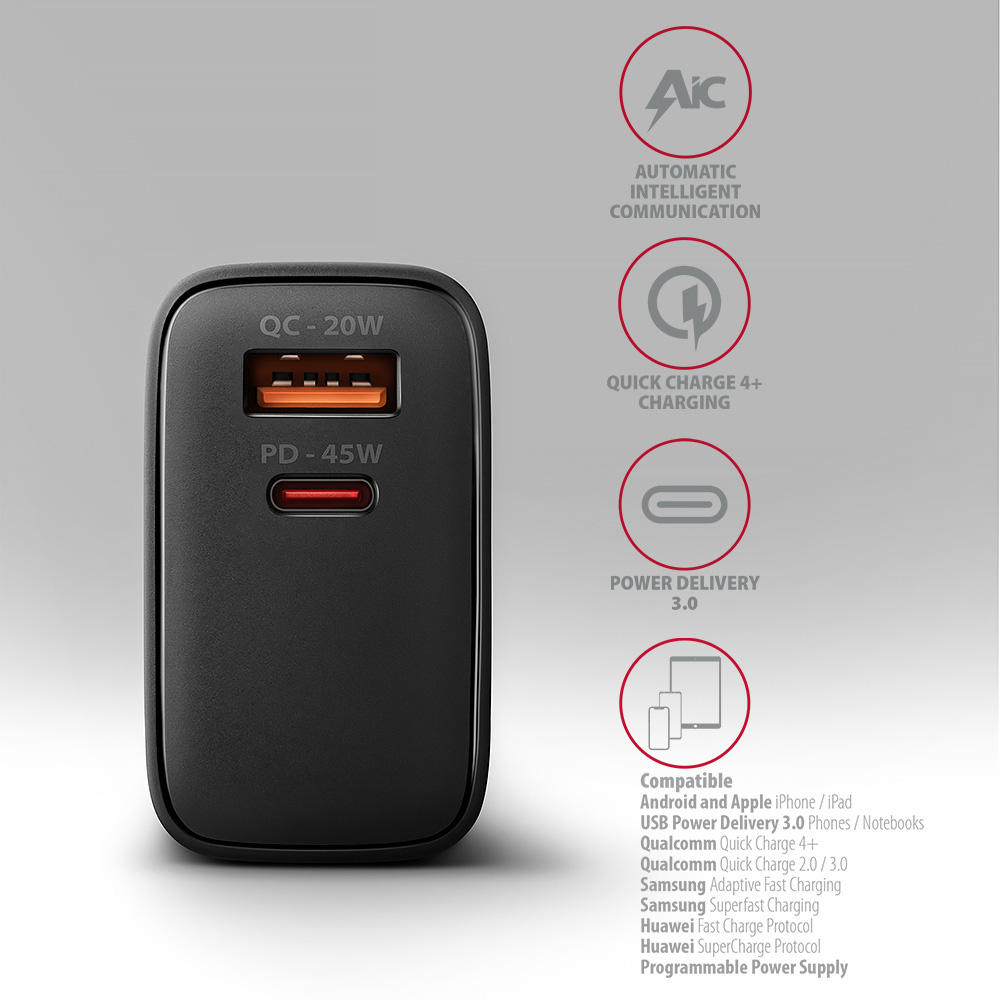 Зарядное устройство AXAGON 1xUSB-A QC4.0, 1xUSB-C PD45W PPS Black