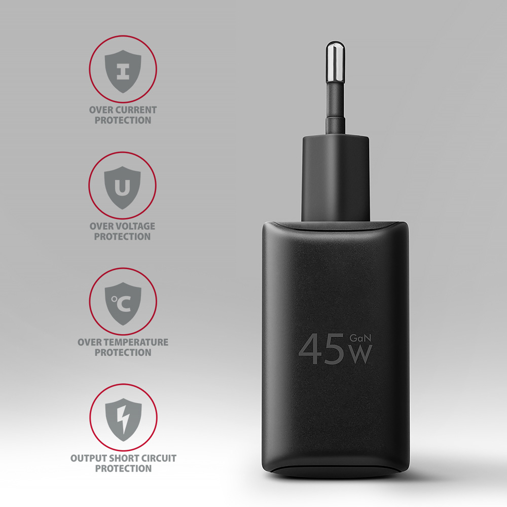 Зарядное устройство AXAGON 1xUSB-A QC4.0, 1xUSB-C PD45W PPS Black