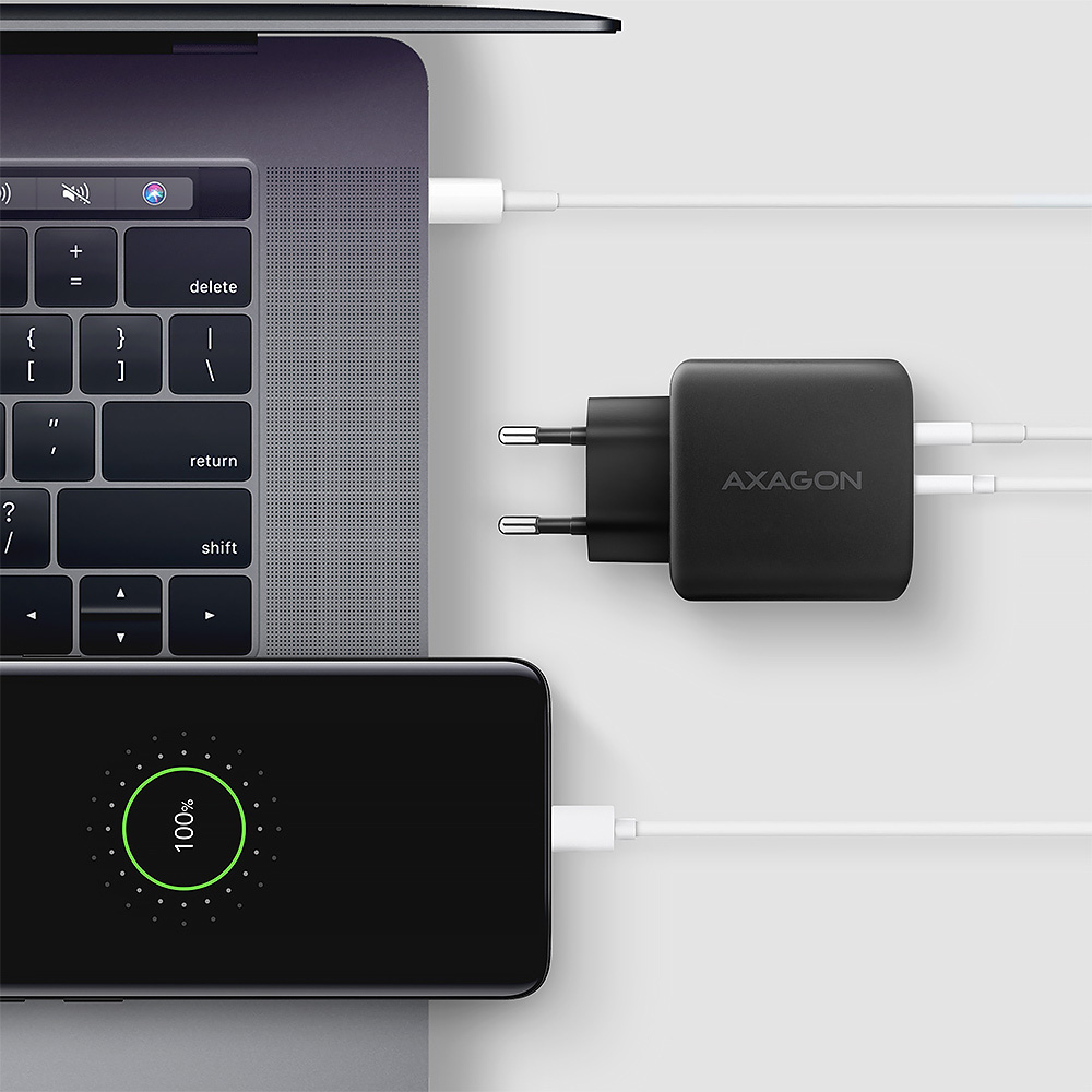 Зарядное устройство AXAGON 1xUSB-A QC4.0, 1xUSB-C PD45W PPS Black