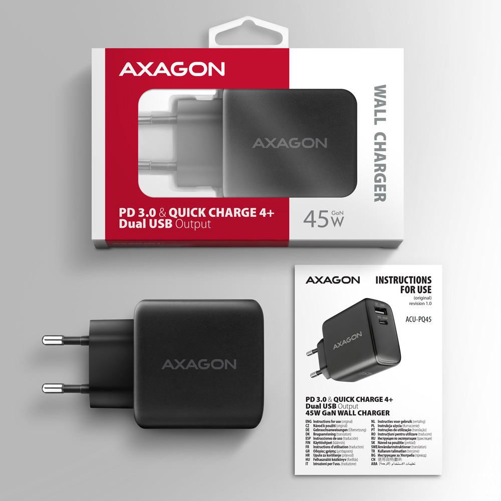 Зарядное устройство AXAGON 1xUSB-A QC4.0, 1xUSB-C PD45W PPS Black
