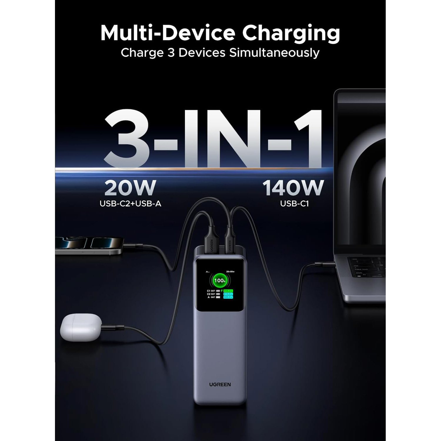 Повербанк UGREEN PB722 Nexode 200W 25000mAh Gray (35525B)