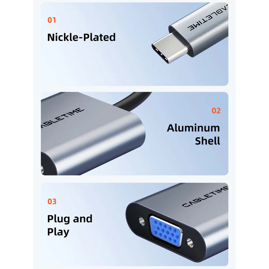 Адаптер CABLETIME 1080p 60Hz USB-C to VGA Black/Gray (CP17A)