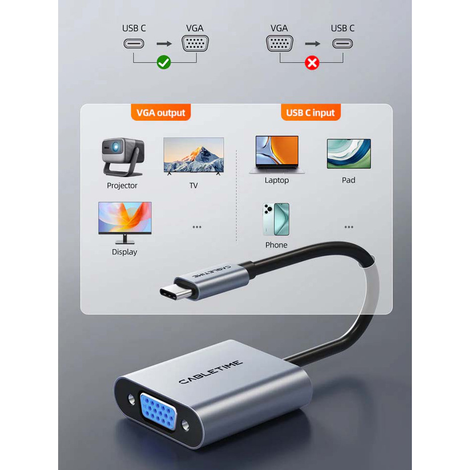 Адаптер CABLETIME 1080p 60Hz USB-C to VGA Black/Gray (CP17A)