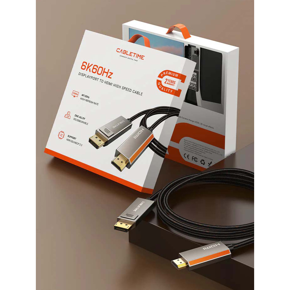 Кабель CABLETIME 8K 60Hz DisplayPort - HDMI v2.1 2м Gray (CD36L)