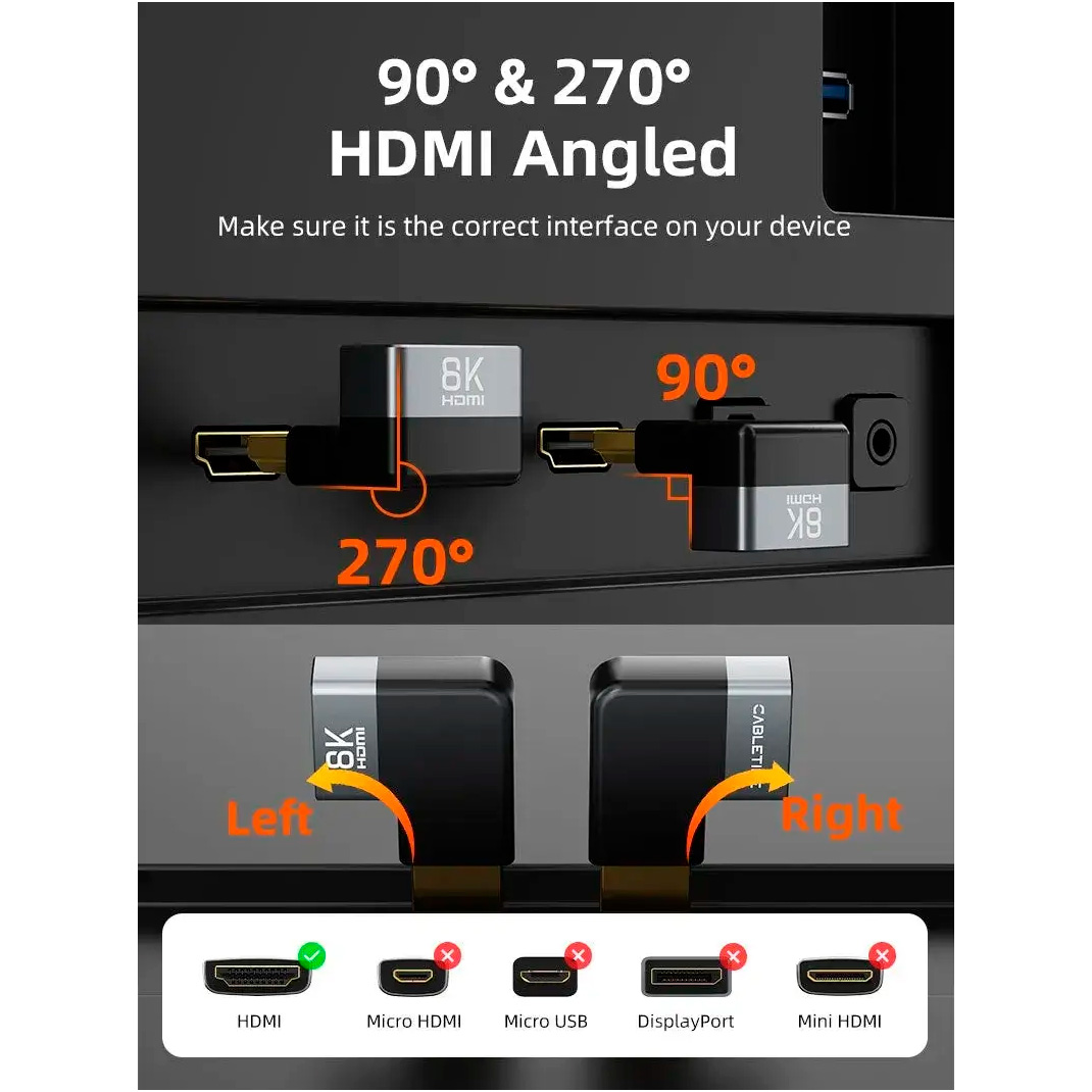 Адаптер CABLETIME HDMI v2.1 Male to Female 8K 60Hz, Left-angled Black/Gray (CP43G)