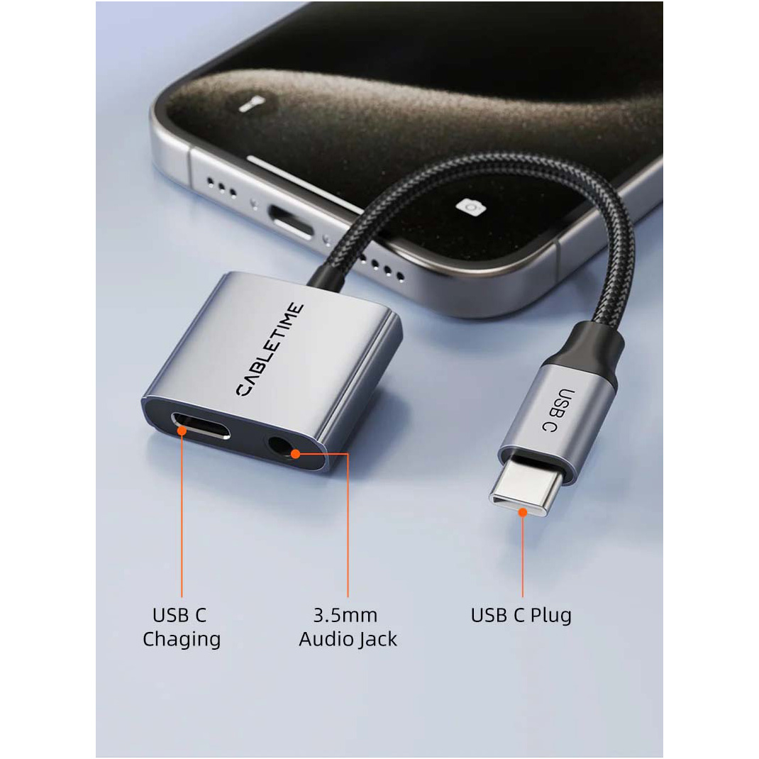 Адаптер CABLETIME USB C to 3.5mm Audio+USB C PD 60W USB-C to 3.5mm Black/Gray (CPA1G)