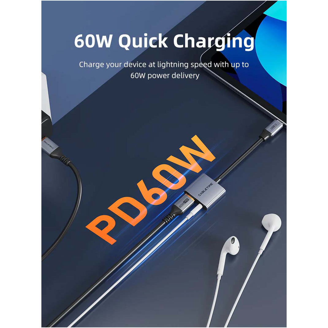 Адаптер CABLETIME USB C to 3.5mm Audio+USB C PD 60W USB-C to 3.5mm Black/Gray (CPA1G)
