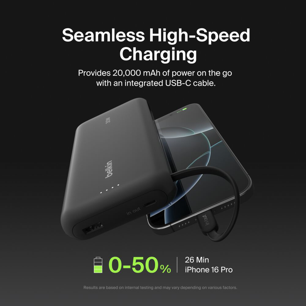 Повербанк BELKIN BoostCharge w/Integrated USB-C Cable 30W 20000mAh Black (BPB024HQBK)