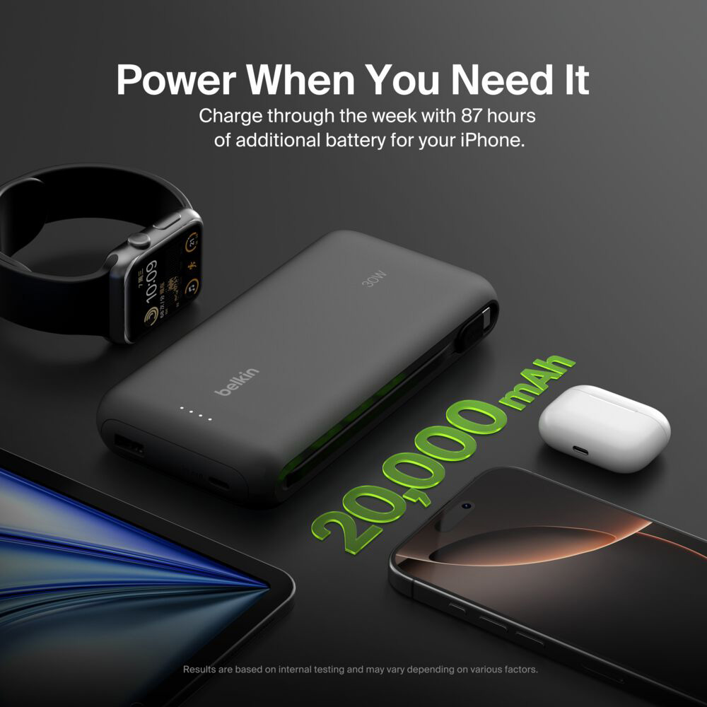 Повербанк BELKIN BoostCharge w/Integrated USB-C Cable 30W 20000mAh Black (BPB024HQBK)
