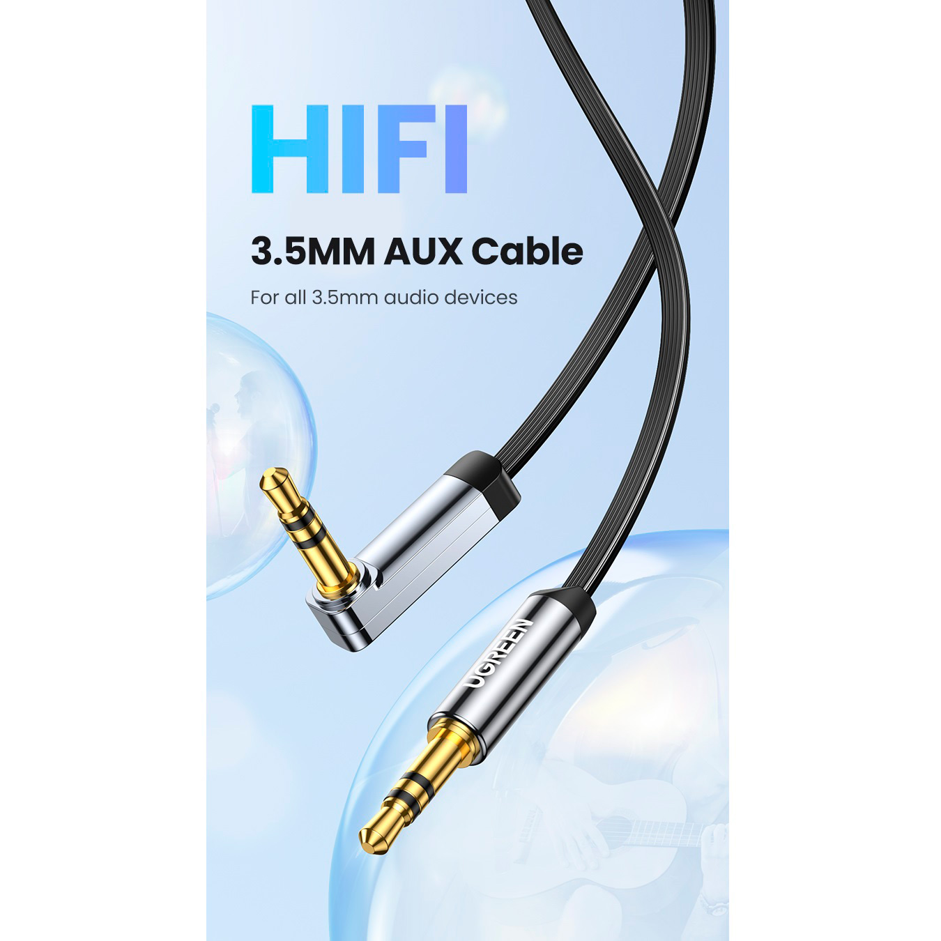 Кабель UGREEN AV119 Straight to Angle Flat Cable mini-jack 3.5mm 3м Black (10728)