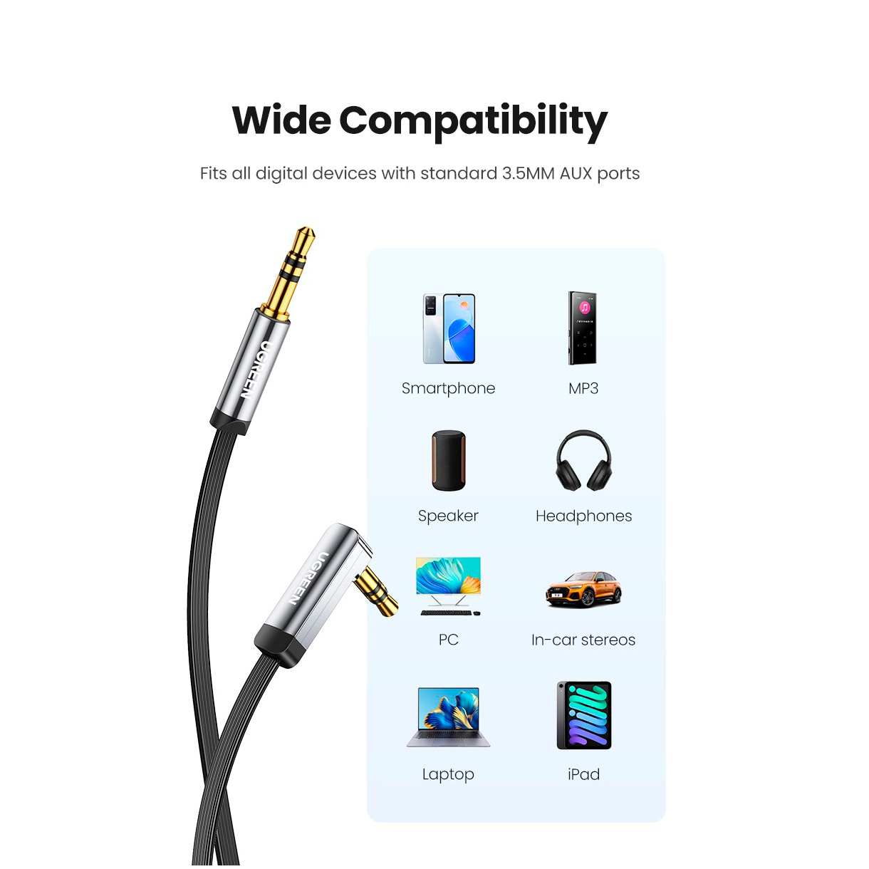 Кабель UGREEN AV119 Straight to Angle Flat Cable mini-jack 3.5mm 3м Black (10728)