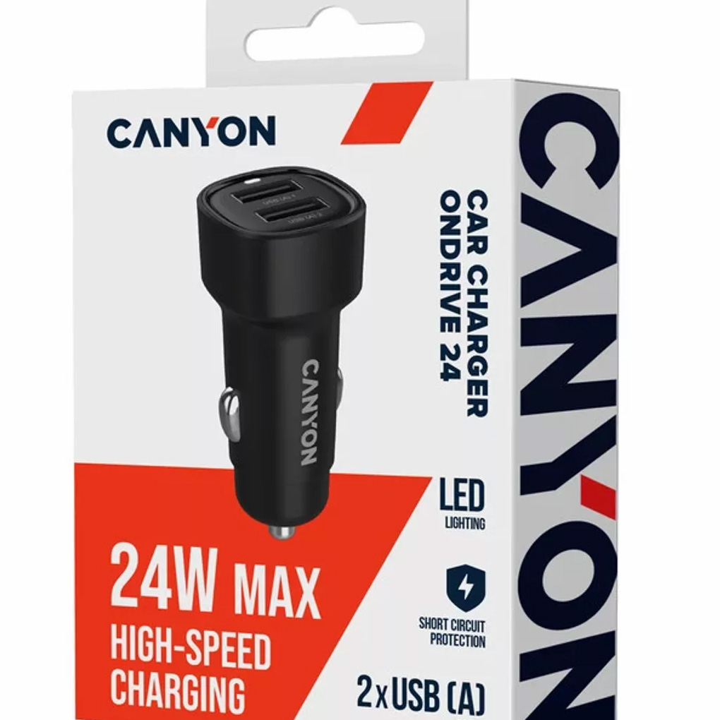 Автомобильное зарядное устройство CANYON OnDrive 24 2xUSB-A, 24W Black (CNE-CCABR2AA)