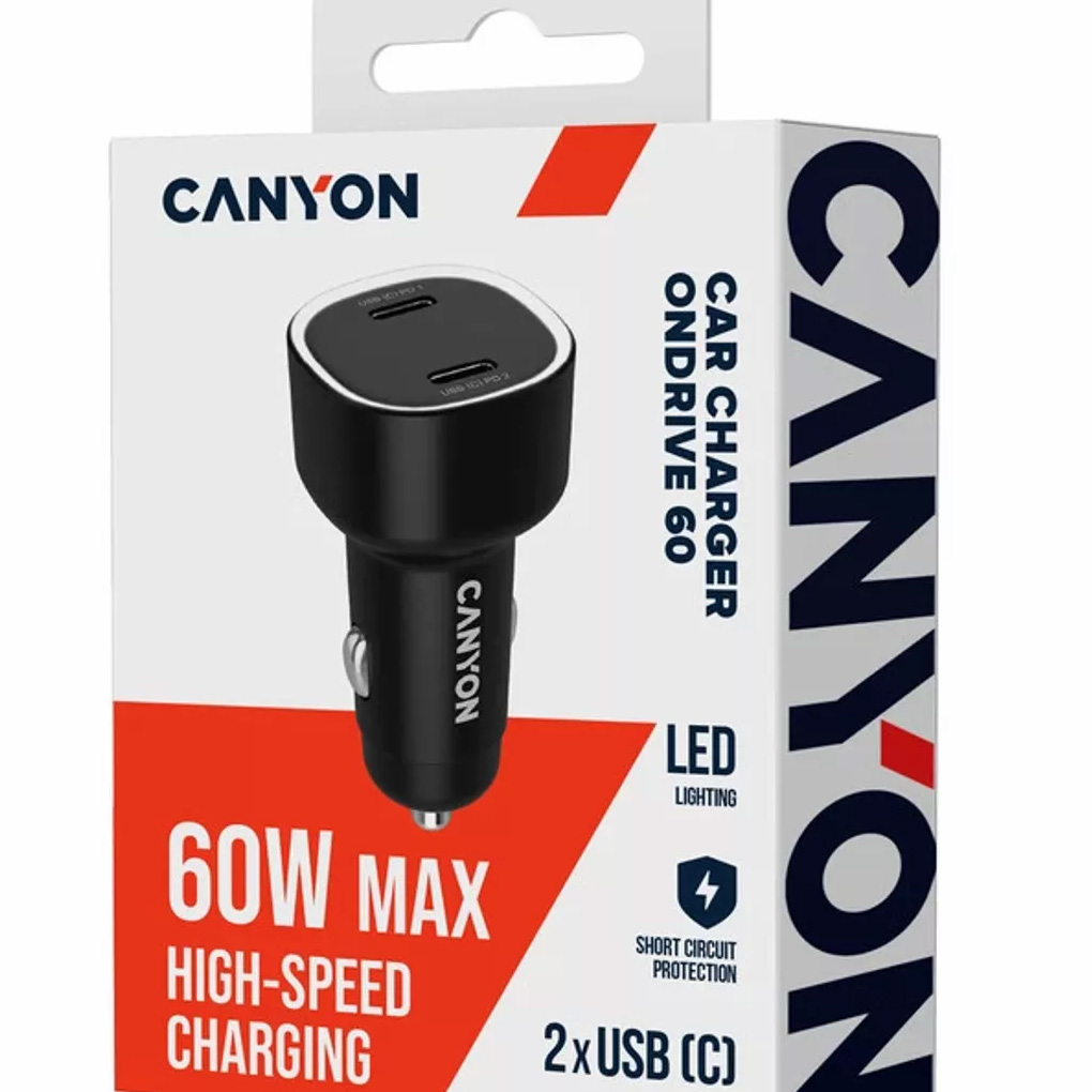 Автомобильное зарядное устройство CANYON OnDrive 60 2xUSB-C, 60W Black (CNE-CCABR3CC)