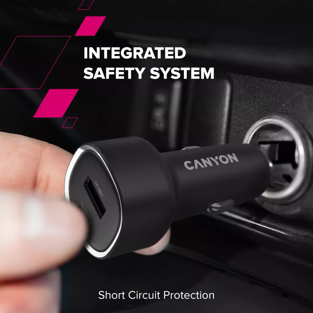 Автомобільний зарядний пристрій CANYON OnDrive 85 1xUSB-C, 1xUSB-A, PD3.0 65W, QC3.0 18W Black (CNE-CCABR8AC)