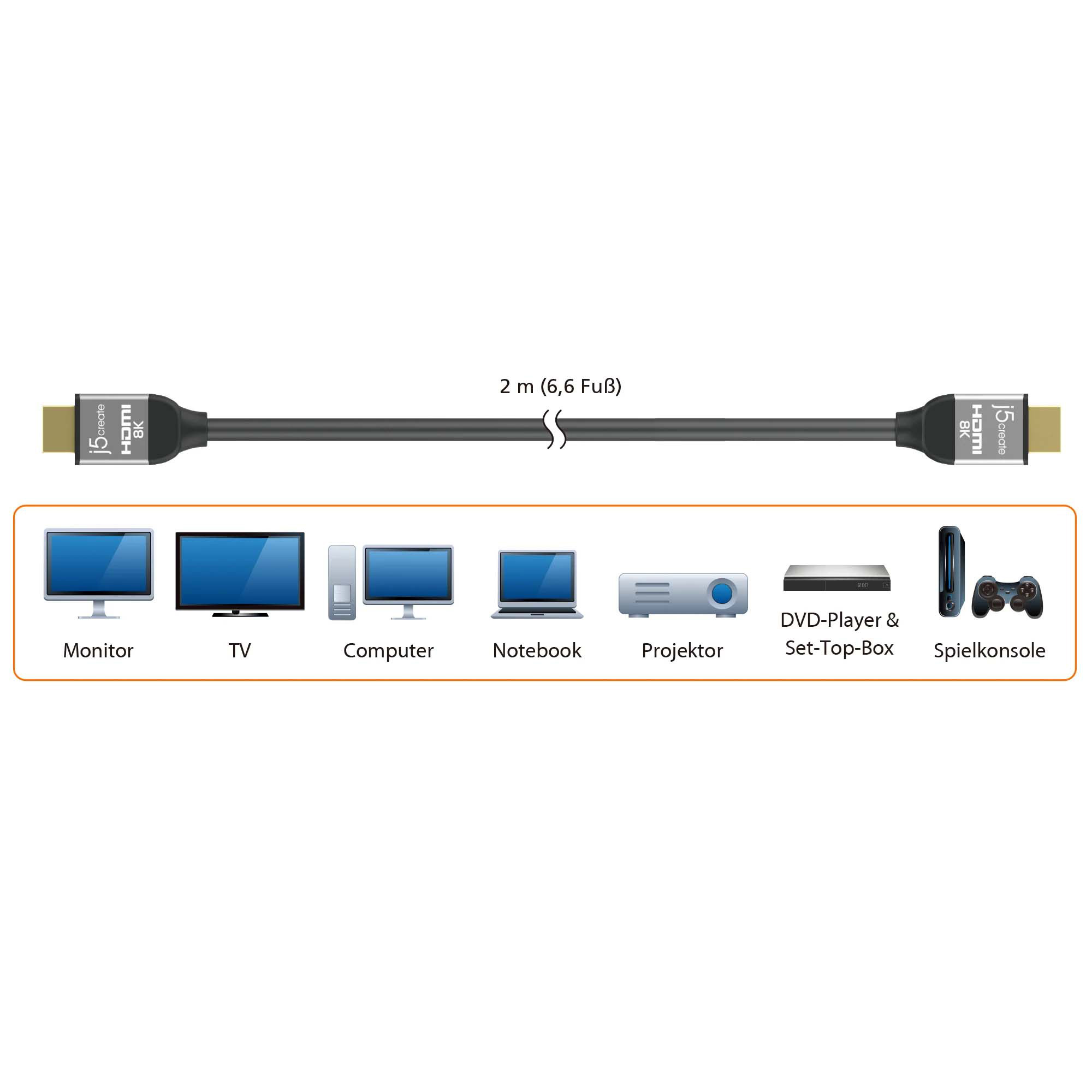 Кабель J5CREATE HDMI 8K HDMI v2.1 2м Black/Gray