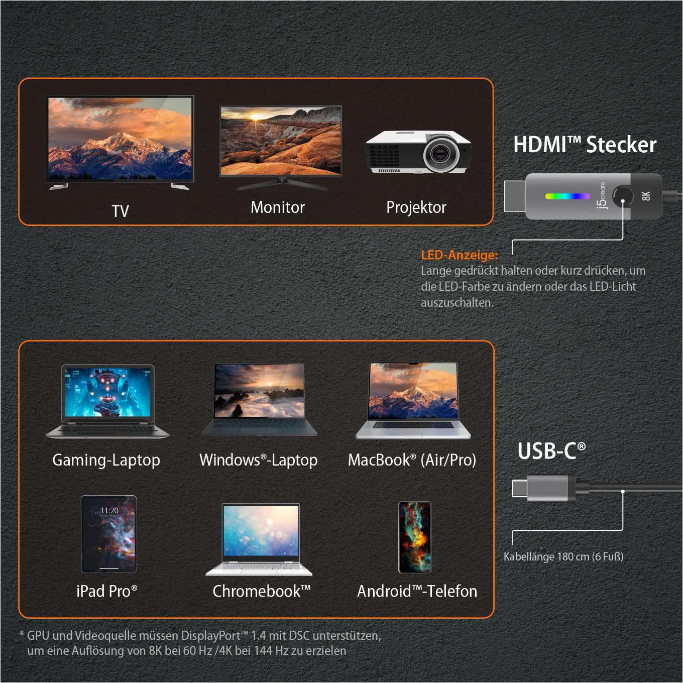 Кабель J5CREATE USB-C - HDMI USB-C to HDMI v2.1 1.8м Black/Gray
