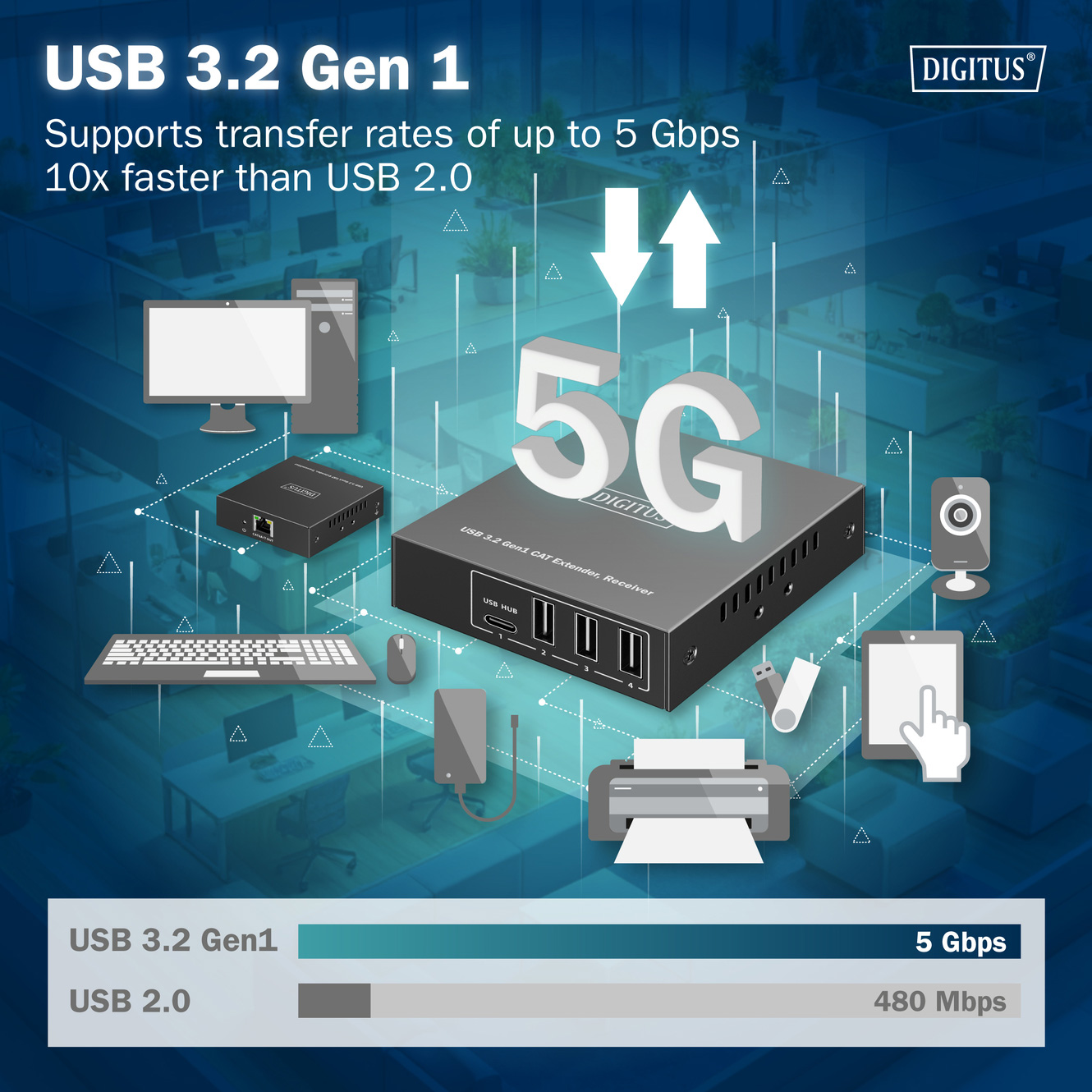Активний USB подовжувач DIGITUS Active USB 3.2 Gen1 5Gbps (DA-73121)