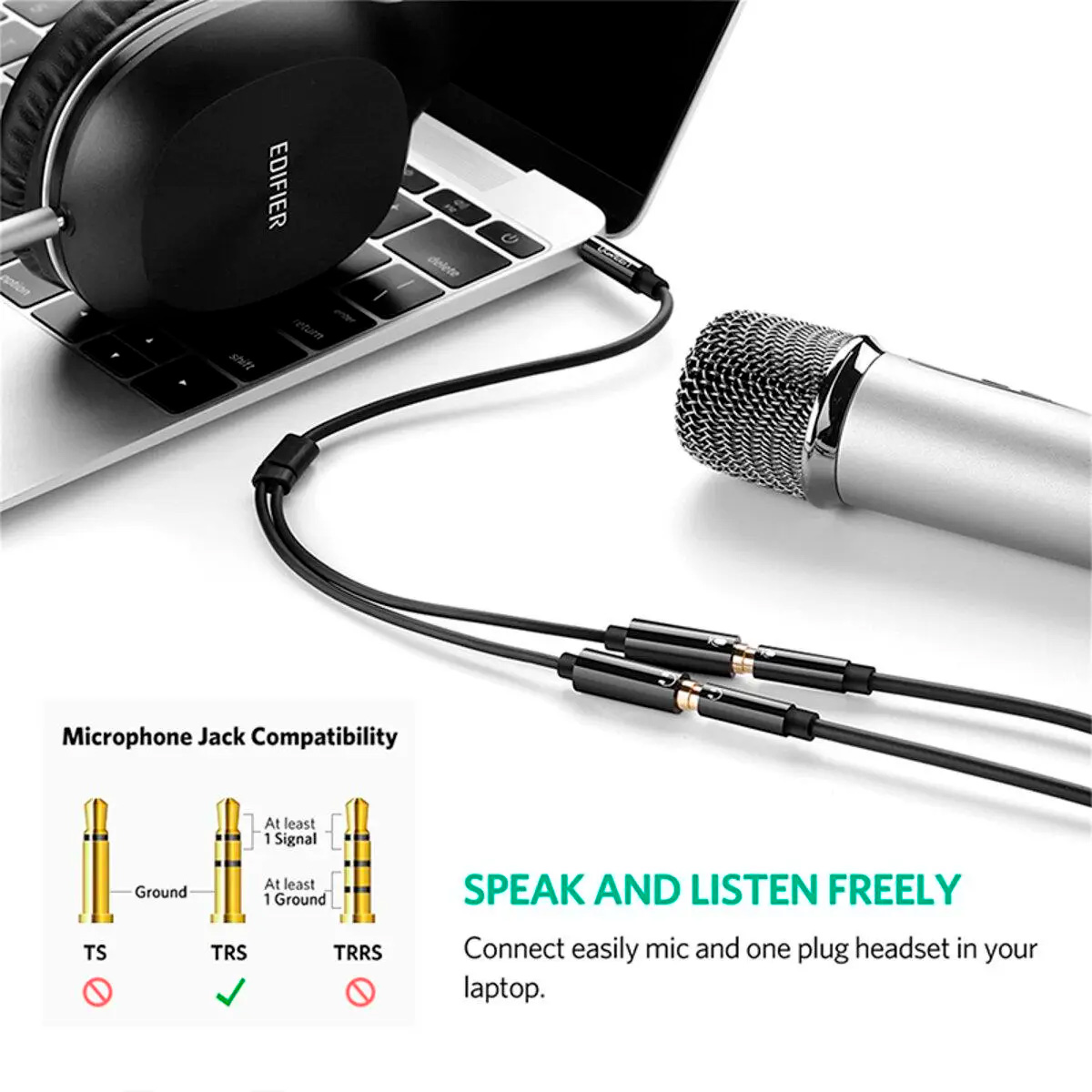 Кабель UGREEN AV141 mini-jack 3.5mm (M) - 2xmini-jack 3.5mm (F) 0.2м Black (30619)