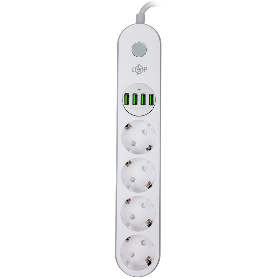 Мережевий фільтр LOGICPOWER F24U4 White, 4 розетки, 4xUSB, 2м