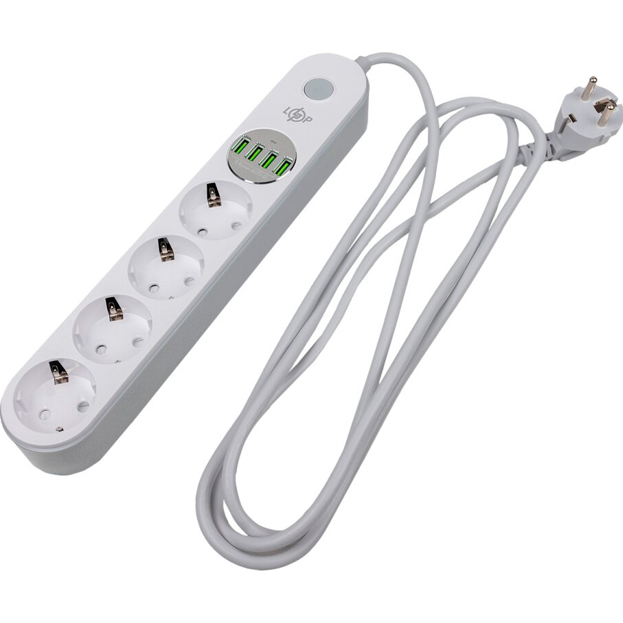 Мережевий фільтр LOGICPOWER F24U4 White, 4 розетки, 4xUSB, 2м