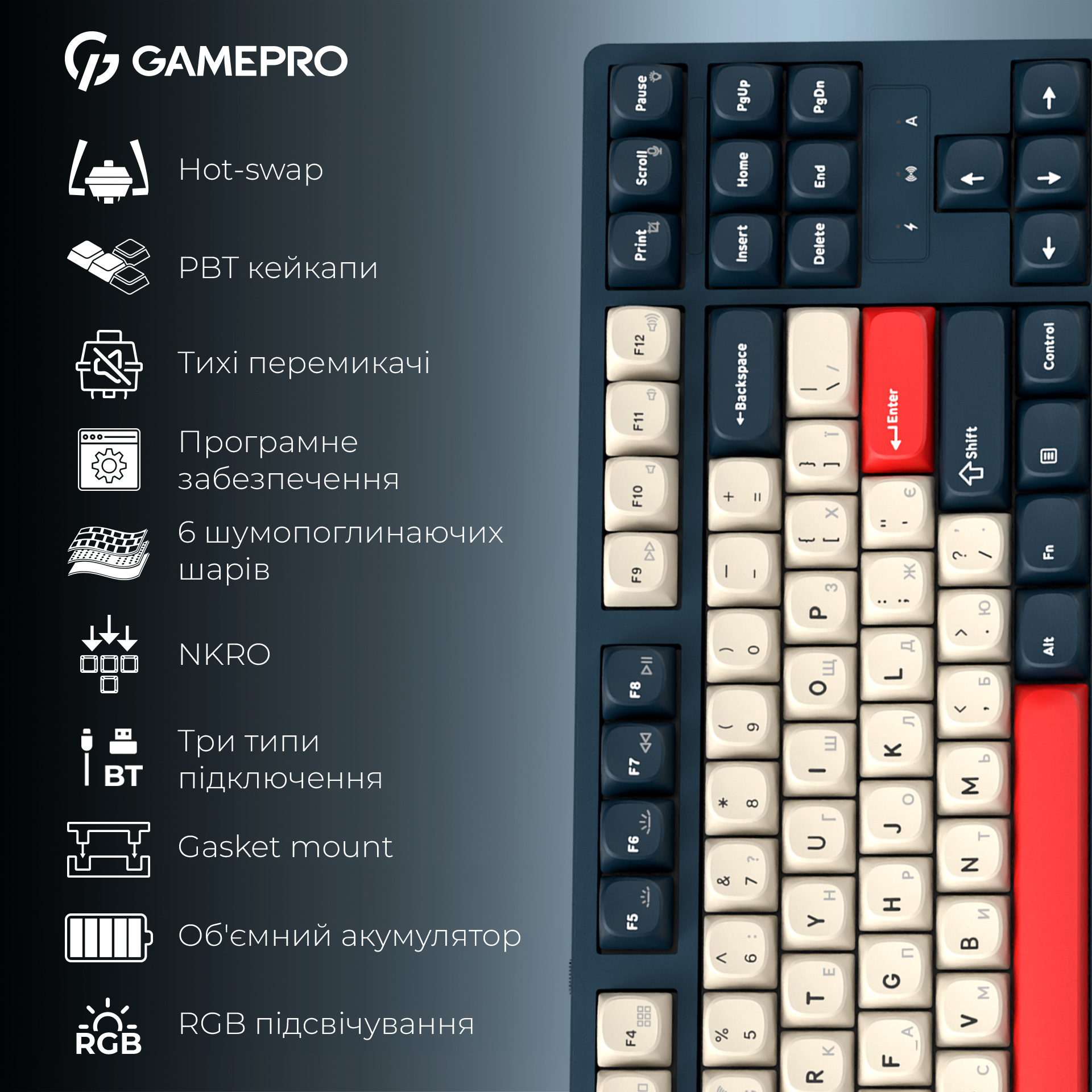 Клавиатура беспроводная GAMEPRO Asgard Ragnar MK285BL Keychron Super Red Switch Blue